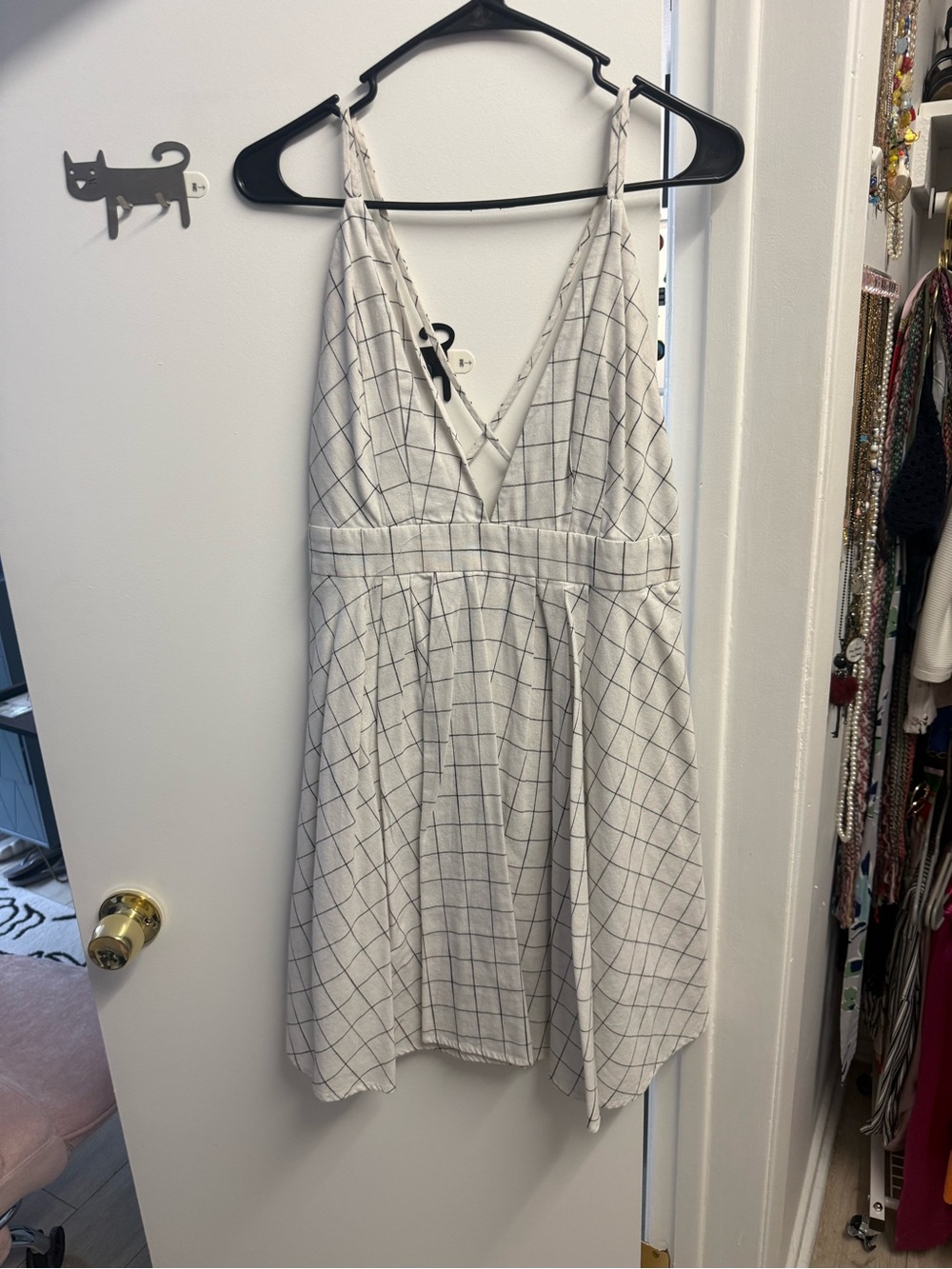 White Grid-Print Mini Dress with Plunging V-Neck
